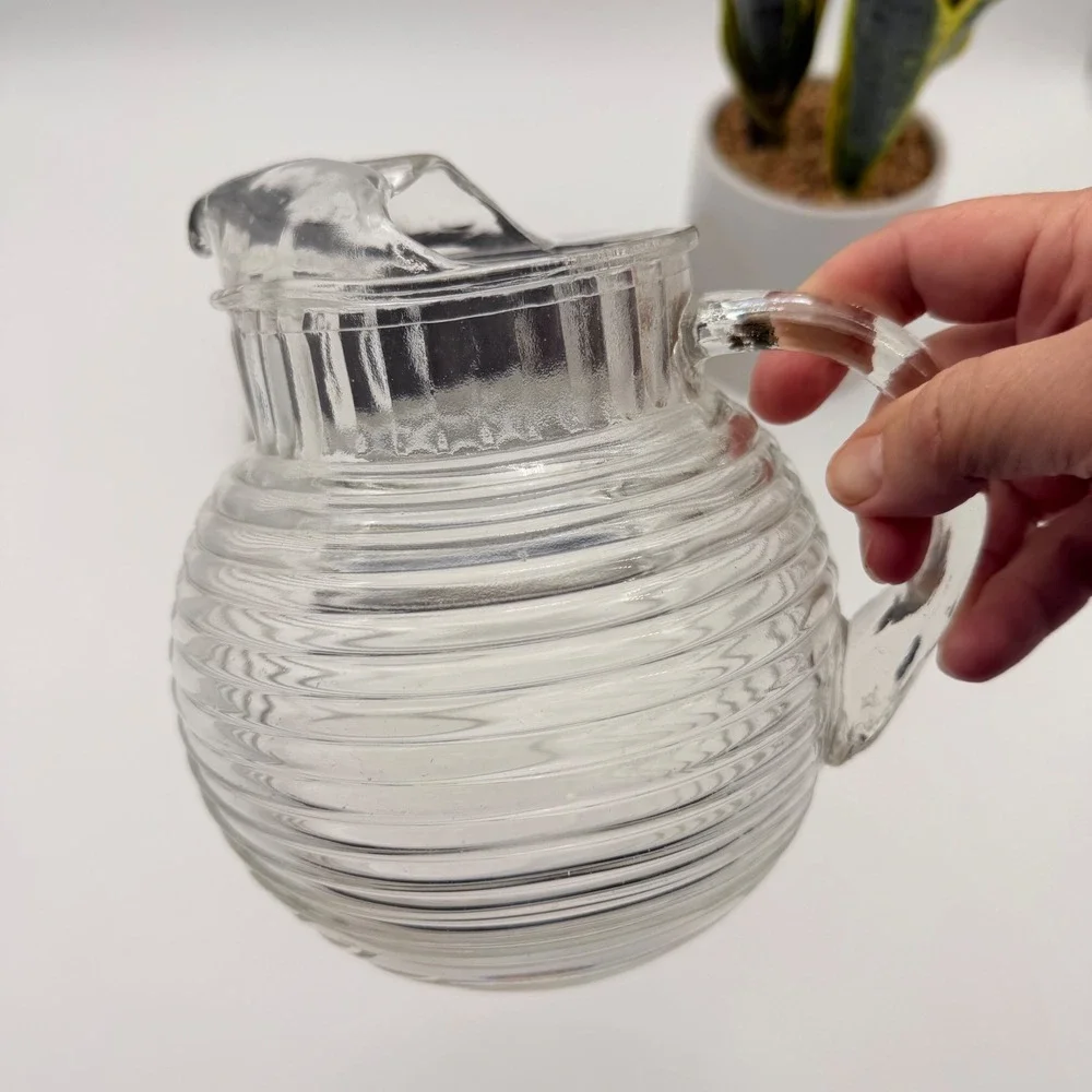 Vintage Hazel Atlas Clear Ribbed Tilted Ball Pitcher with Fluted Neck 6